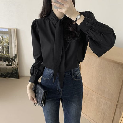 Puff Sleeve Tie Neck Solid Blouse