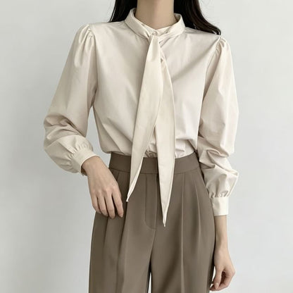 Puff Sleeve Tie Neck Solid Blouse