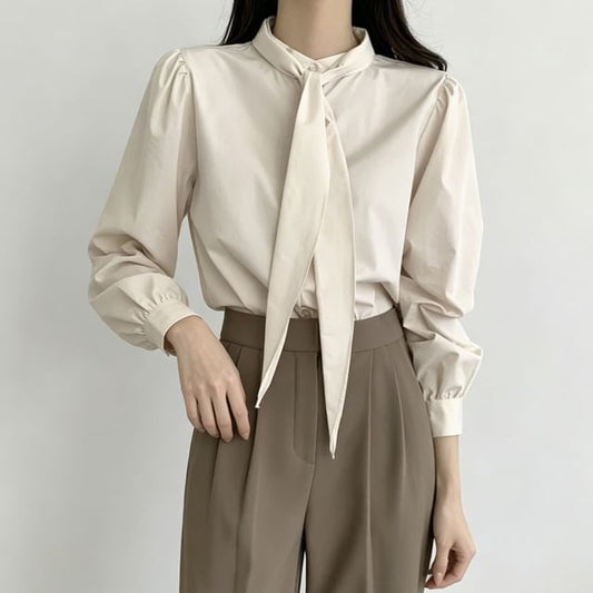 Puff Sleeve Tie Neck Solid Blouse