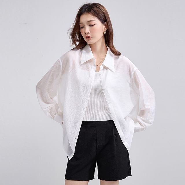 Long Sleeve Back Slit Plain Shirt