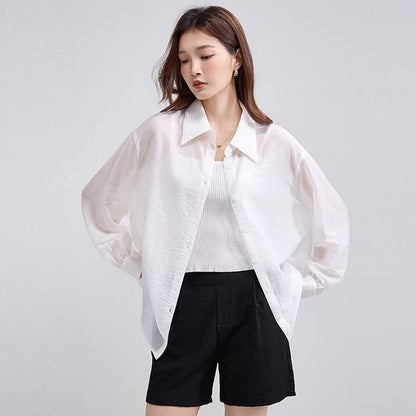 Long Sleeve Back Slit Plain Shirt