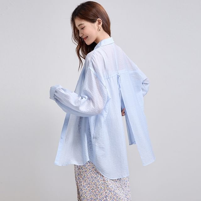 Long Sleeve Back Slit Plain Shirt