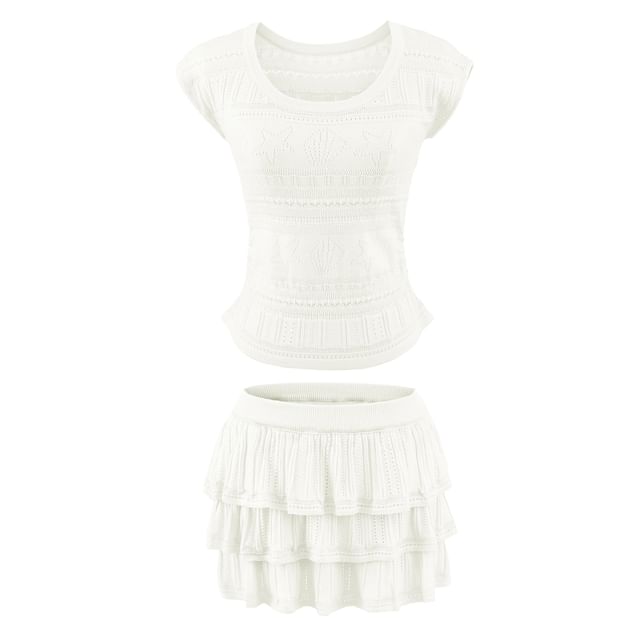 Two Piece Set: Pointelle Knit Top and High Waist Mini Tiered Skirt