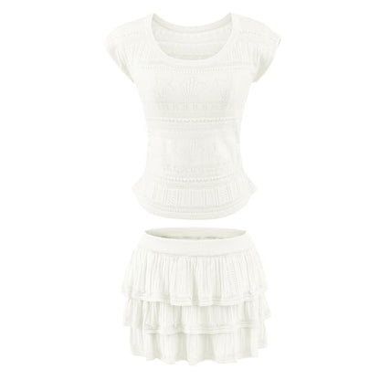 Two Piece Set: Pointelle Knit Top and High Waist Mini Tiered Skirt