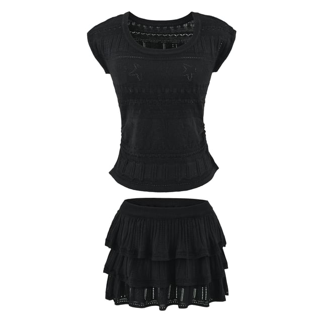 Two Piece Set: Pointelle Knit Top and High Waist Mini Tiered Skirt