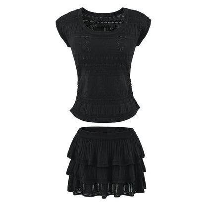 Two Piece Set: Pointelle Knit Top and High Waist Mini Tiered Skirt