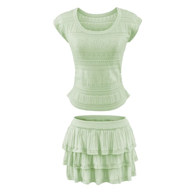 Two Piece Set: Pointelle Knit Top and High Waist Mini Tiered Skirt