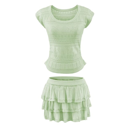 Two Piece Set: Pointelle Knit Top and High Waist Mini Tiered Skirt