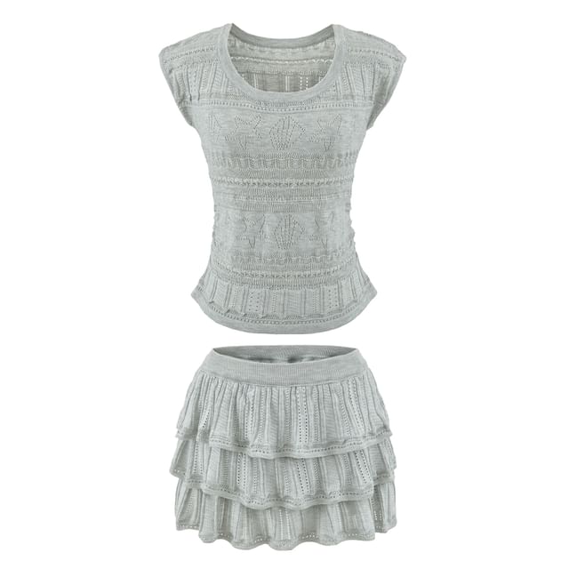 Two Piece Set: Pointelle Knit Top and High Waist Mini Tiered Skirt