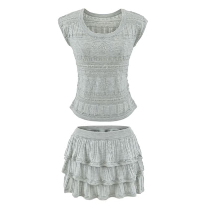 Two Piece Set: Pointelle Knit Top and High Waist Mini Tiered Skirt