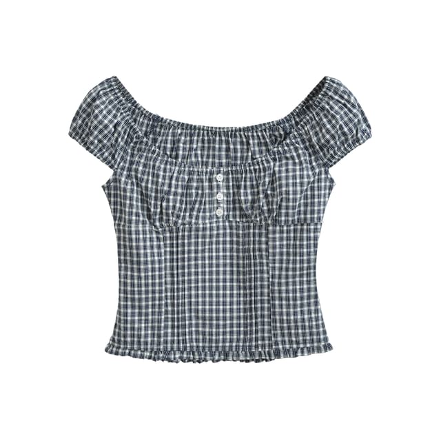 Cap Sleeve Off Shoulder Gingham Trim Slim Fit Blouse