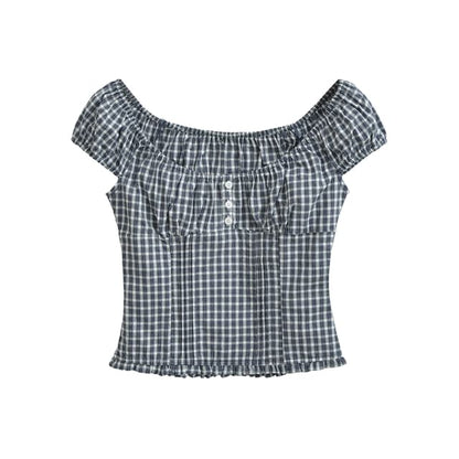 Cap Sleeve Off Shoulder Gingham Trim Slim Fit Blouse