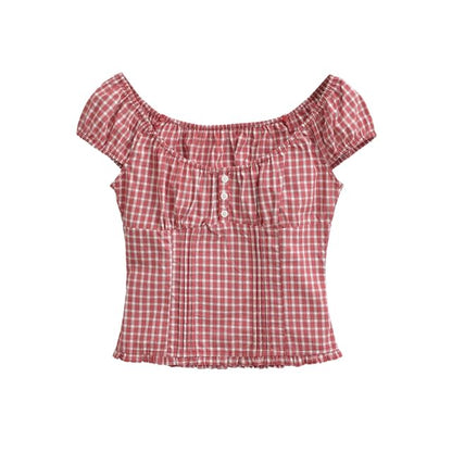 Cap Sleeve Off Shoulder Gingham Trim Slim Fit Blouse
