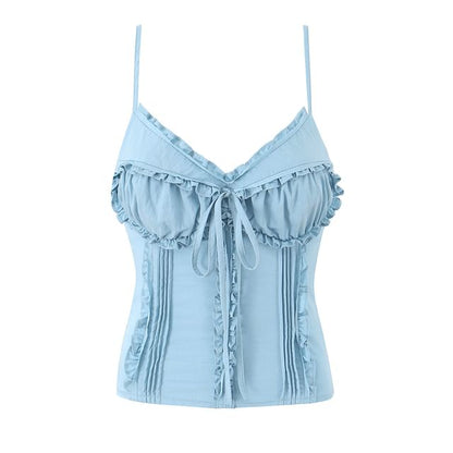 V-Neck Ruffled Tie Front Slim Fit Camisole Top