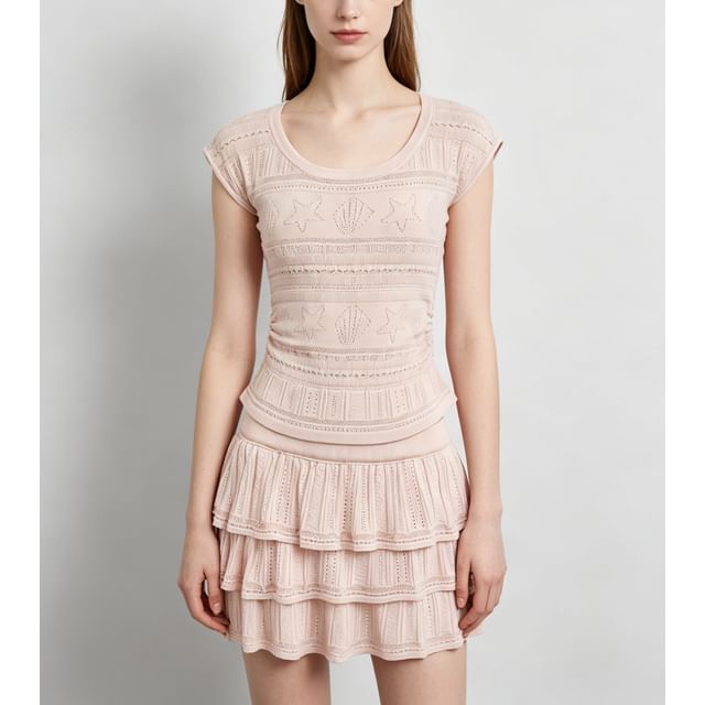 Two Piece Set: Pointelle Knit Top and High Waist Mini Tiered Skirt