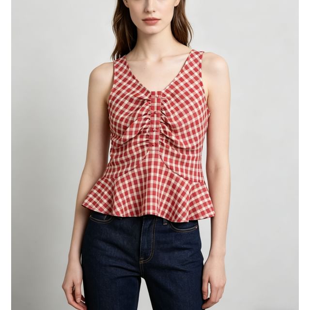 V-Neck Gingham Ruched Ruffled Hem Tank Top