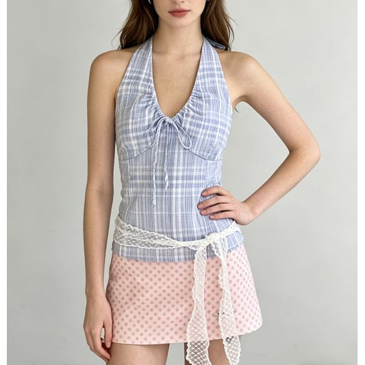 Halter V-Neck Drawstring Plaid Slim Fit Tank Top