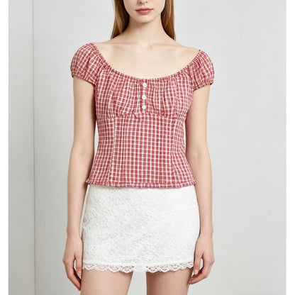 Cap Sleeve Off Shoulder Gingham Trim Slim Fit Blouse