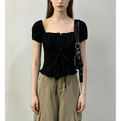 Square Neck Tie Front Ruffled Hem Short Sleeve Blouse