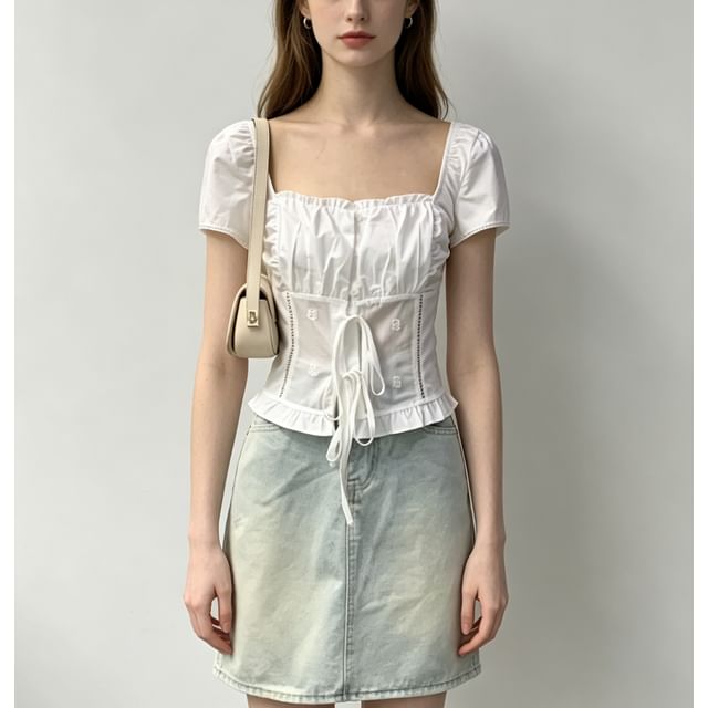 Square Neck Tie Front Ruffled Hem Short Sleeve Blouse