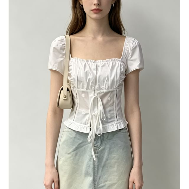 Square Neck Tie Front Ruffled Hem Short Sleeve Blouse
