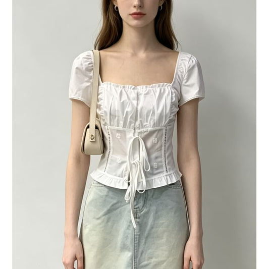 Square Neck Tie Front Ruffled Hem Short Sleeve Blouse
