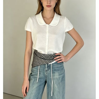 Doll Collar Print Loose Fit Short Sleeve Knit Top