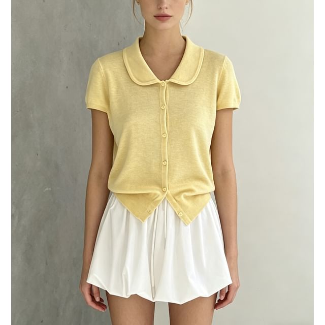 Doll Collar Print Loose Fit Short Sleeve Knit Top