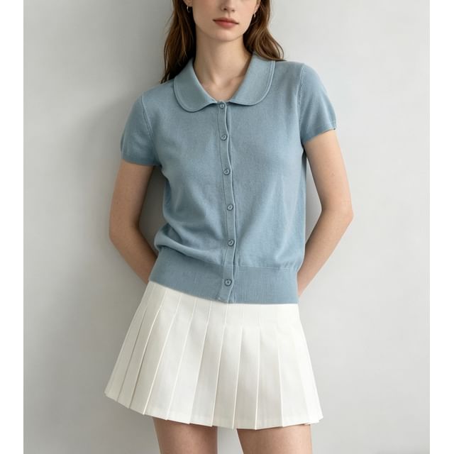 Doll Collar Print Loose Fit Short Sleeve Knit Top