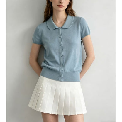 Doll Collar Print Loose Fit Short Sleeve Knit Top