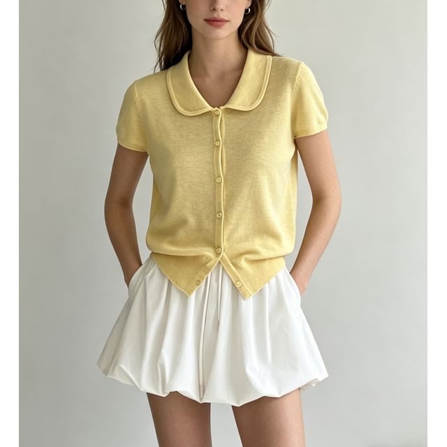 Doll Collar Print Loose Fit Short Sleeve Knit Top