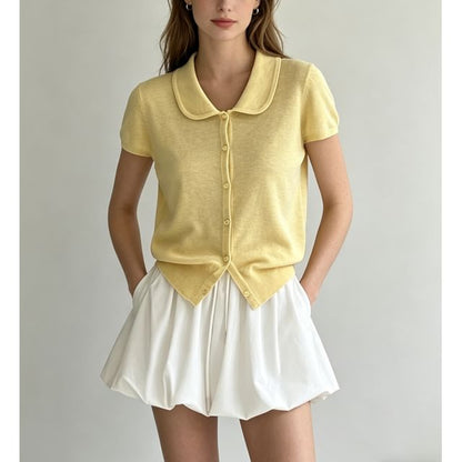 Doll Collar Print Loose Fit Short Sleeve Knit Top