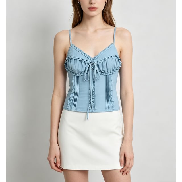 V-Neck Ruffled Tie Front Slim Fit Camisole Top