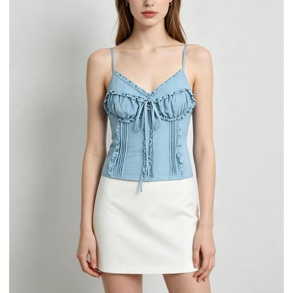 V-Neck Ruffled Tie Front Slim Fit Camisole Top