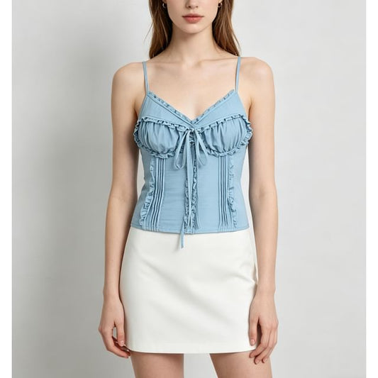 V-Neck Ruffled Tie Front Slim Fit Camisole Top