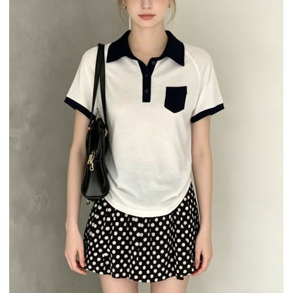 Color Block Loose Fit Short Sleeve Polo Top
