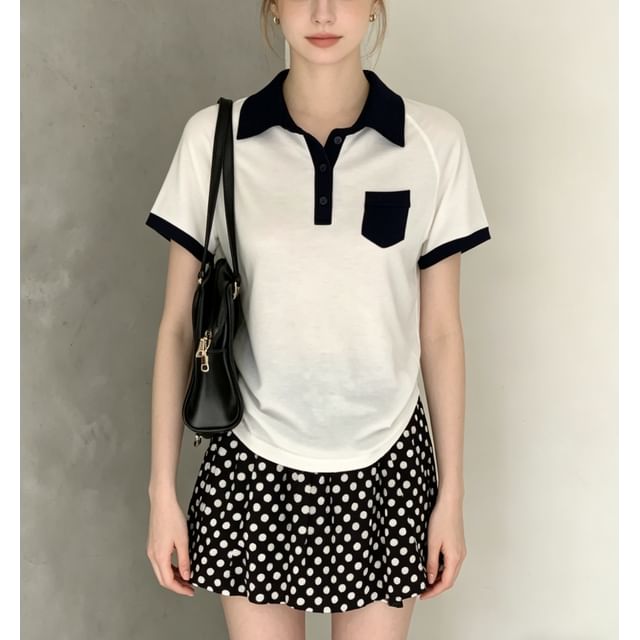 Color Block Loose Fit Short Sleeve Polo Top
