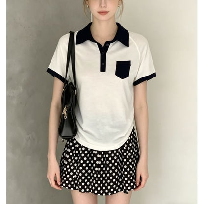 Color Block Loose Fit Short Sleeve Polo Top