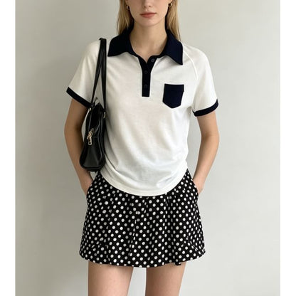 Color Block Loose Fit Short Sleeve Polo Top