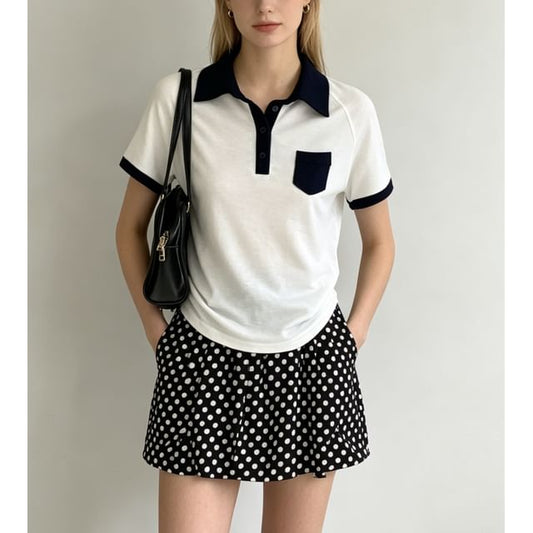 Color Block Loose Fit Short Sleeve Polo Top