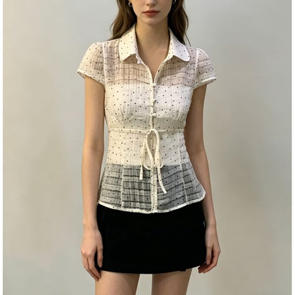 Short Sleeve Polka Dot Tie Waist Sheer Blouse with Tube Top