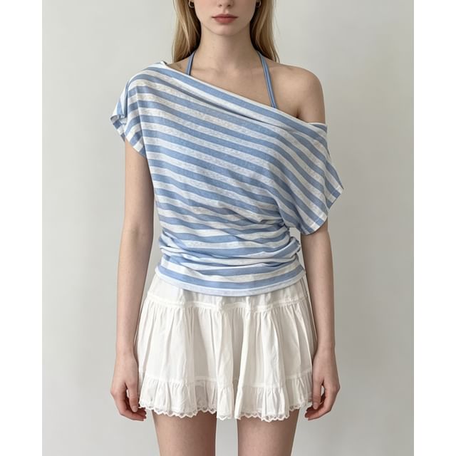 Two Piece Set: Off Shoulder Striped Ruched Tee and Halter Camisole