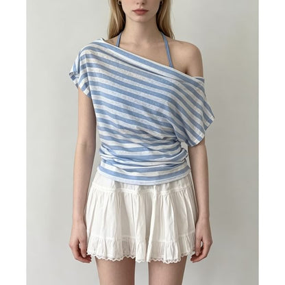 Two Piece Set: Off Shoulder Striped Ruched Tee and Halter Camisole
