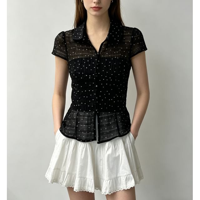 Short Sleeve Polka Dot Tie Waist Sheer Blouse with Tube Top