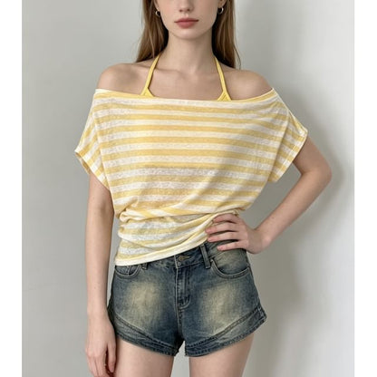 Two Piece Set: Off Shoulder Striped Ruched Tee and Halter Camisole