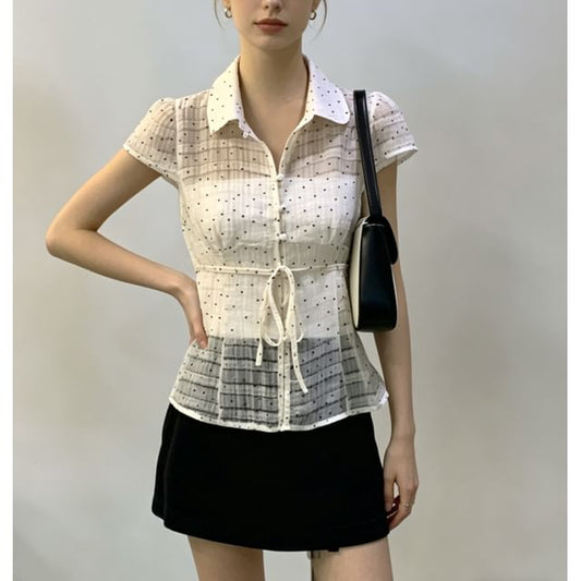 Short Sleeve Polka Dot Tie Waist Sheer Blouse with Tube Top