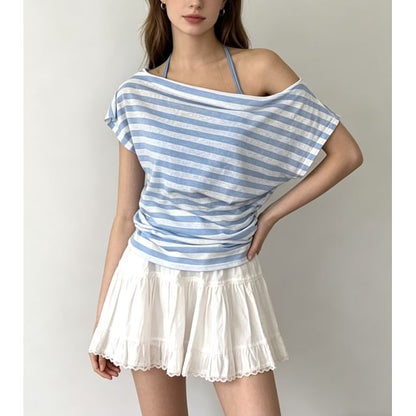 Two Piece Set: Off Shoulder Striped Ruched Tee and Halter Camisole
