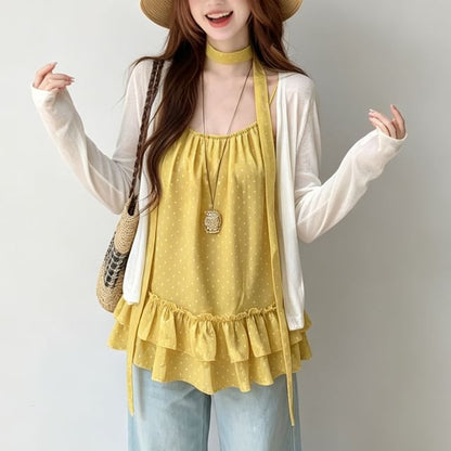 Open Front Cardigan with Scoop Neck Ruffle Camisole and Scarf Ensemble