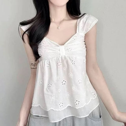 Cap Sleeve V-Neck Perforated Flowy Crop Top