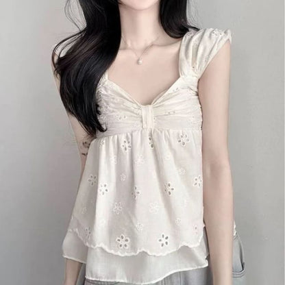 Cap Sleeve V-Neck Perforated Flowy Crop Top